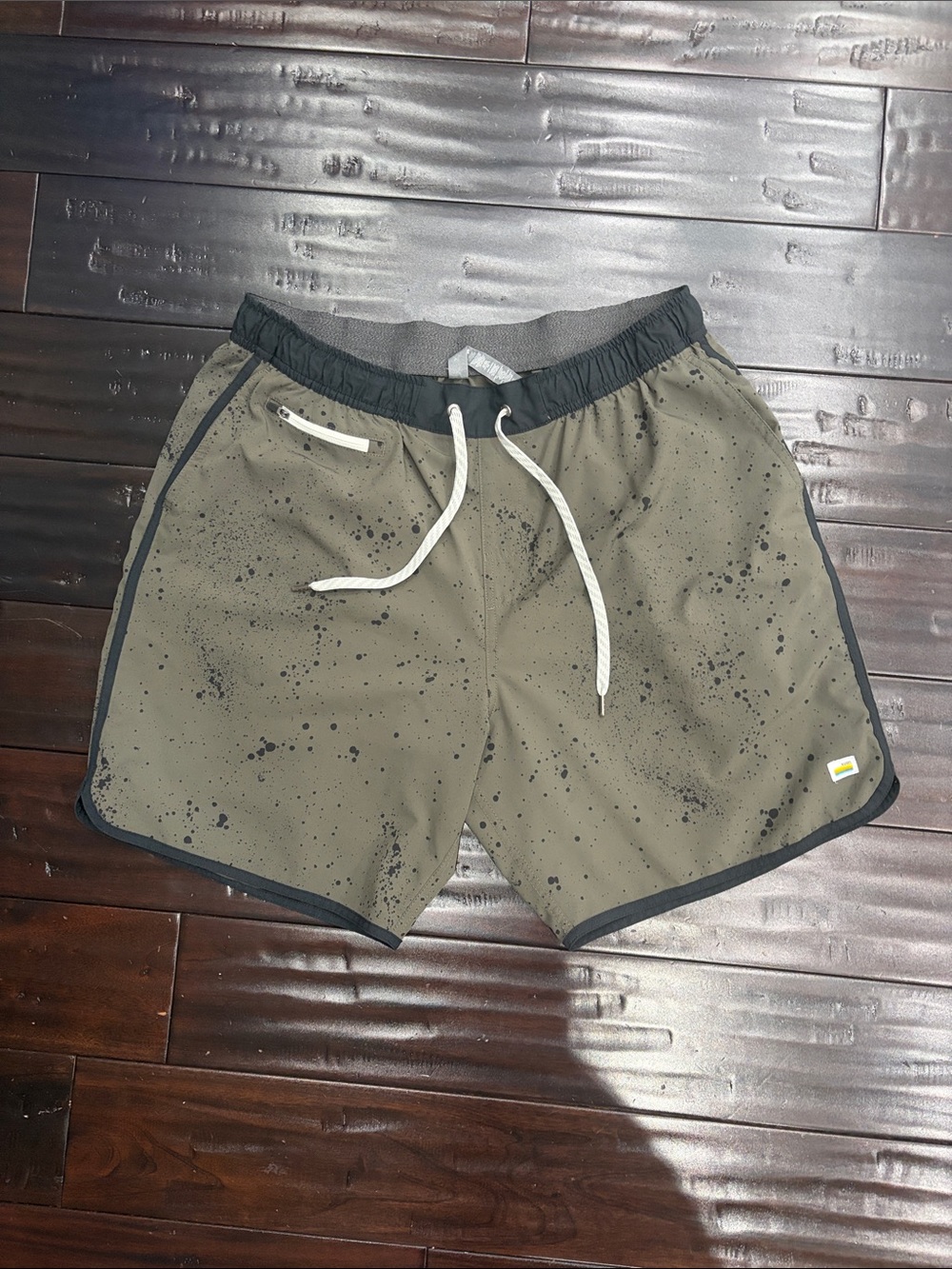 Vuori Olive Green Splatter Athletic Shorts with Black Trim